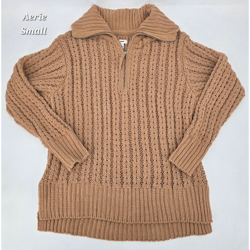 Aerie Honey Tan Soft Chenille Cable Knit Half Zip Sweater Womens S Coastal Core